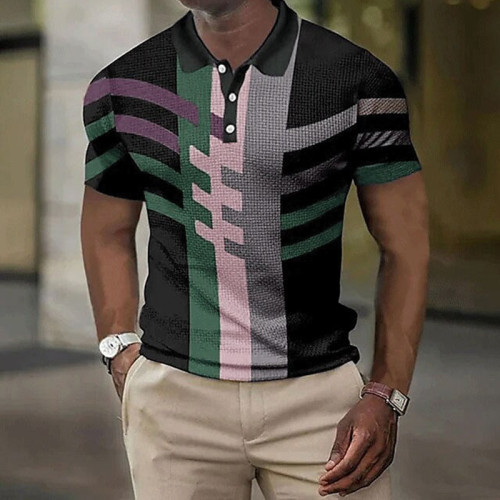 Camicia button-down con stampa grafica 3D a righe a maniche corte da uomo rosa nera