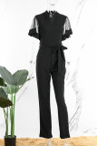 Zwarte Casual Effen Patchwork V-hals Regular Jumpsuits