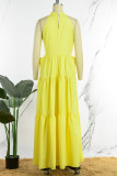 Желтые повседневные однотонные лоскутные платья с круглым вырезом и длинными рукавами Платья