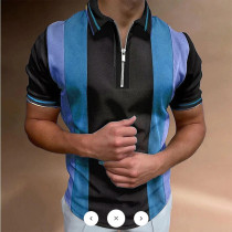 Camisa de golf azul y negra para hombre, camisa de manga corta con cremallera informal a rayas, informal, a la moda, cómoda, deportiva, azul, morado, caqui