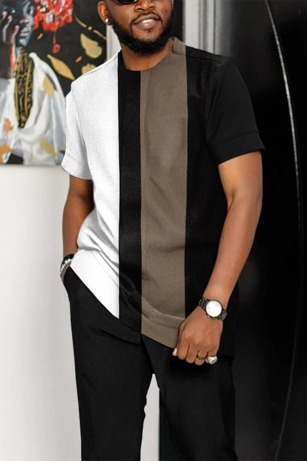Black Brown Men's Casual Colorblock Walking Suit-033