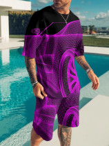 Traje de dos piezas de manga corta con estampado 3D de moda para hombre púrpura 3 colores
