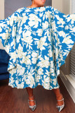 Синее повседневное сладкое уличное цветочное пэчворк с круглым вырезом Нерегулярное платье Платья больших размеров
