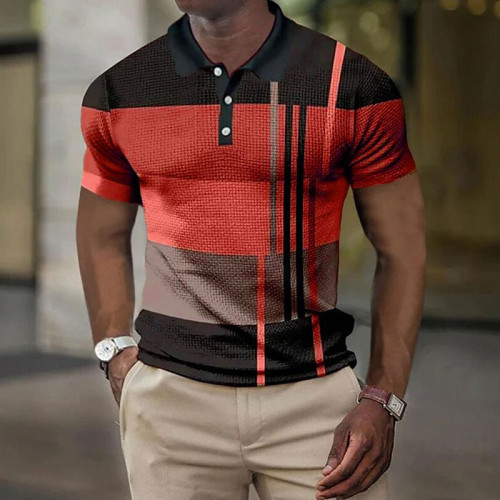 Camisa abotonada con estampado gráfico en 3D a rayas de manga corta para hombre en rojo y negro