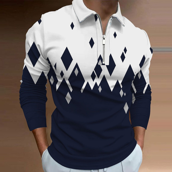 Camisa polo branca azul masculina com estampa gráfica abstrata e manga longa com zíper
