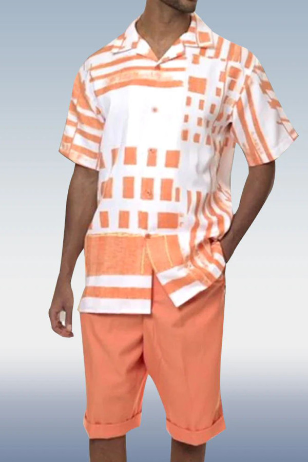 Conjunto de terninho branco laranja manga curta com estampa de duas peças e shorts
