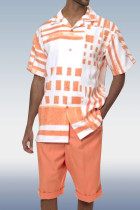 White Orange Two Piece Short Sleeve Print Walking Suit Set With Shorts