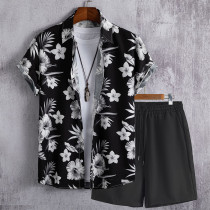 Black Casual Print Patchwork Turndown Collar Short Sleeve Two Pieces