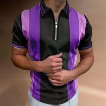 Camisa de golfe masculina preta roxa listrada abertura de cama casual diário com zíper manga curta tops moda casual esporte confortável azul roxo caqui