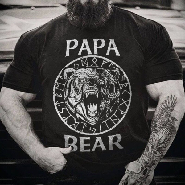 Zwart Viking Papa Bear grafisch casual hardloop-T-shirt voor heren