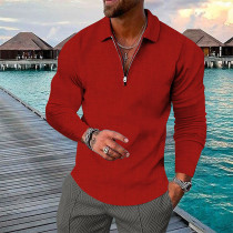 Rotes kariertes Herren-Golfhemd mit 3D-Druck und halbem Reißverschluss und langen Ärmeln