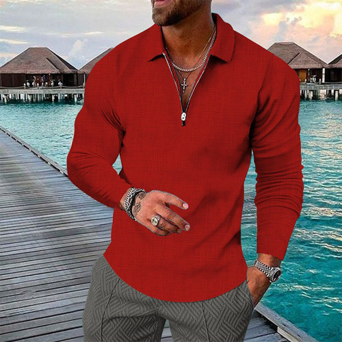 Camisa de golfe xadrez masculina vermelha com estampa 3D meio zíper e manga comprida