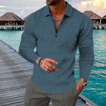 Голубая мужская клетчатая рубашка с 3D-принтом и длинным рукавом на молнии с длинным рукавом