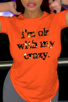 Orange Casual Daily Print Letter O Neck T-Shirts