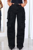 Zwart Grijs Casual Effen Patchwork Normaal Hoge taille Conventionele effen kleur Jeans