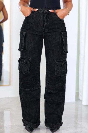Black Gray Casual Solid Patchwork Regular High Waist Conventional Solid Color Jeans