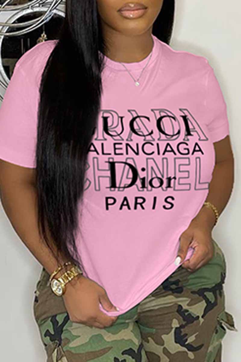 

Pink Casual Print Letter O Neck T-Shirts