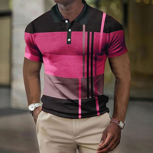 Schwarzes, rosarotes, kurzärmliges Button-Down-Hemd für Herren mit gestreiftem 3D-Druck und grafischem Muster