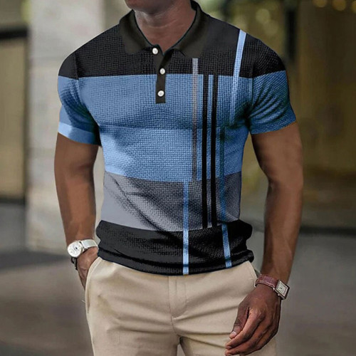 Blau-schwarzes Button-Down-Hemd für Herren mit kurzen Ärmeln und grafischem 3D-Druck