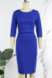 Royal Blue Casual Elegant Solid Patchwork Fold O Neck One Step Skirt Dresses