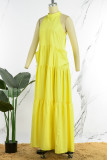 Желтые повседневные однотонные лоскутные платья с круглым вырезом и длинными рукавами Платья