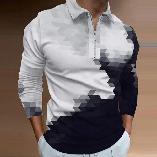 Black Gray Men's Abstract Graphic Prints Turndown Long Sleeve Zipper Polo Shirt