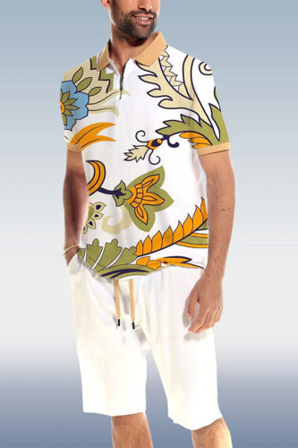 White Men's Casual POLO Shirt 2 Piece Shorts Set