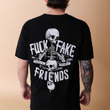 Black FUCK FAKE FRIENDS Skull Bone Graphic Black Print T-shirt