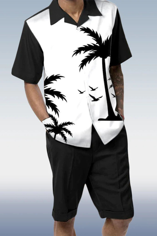 Black White Two Piece Short Sleeve Print Walking Suit Set With Shorts