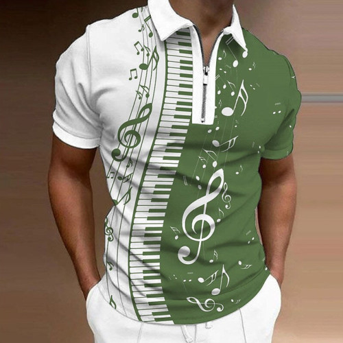 Camisa de manga corta con cremallera y estampado 3D de notas gráficas de moda para hombre blanco verde