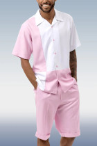 White Pink Two Piece Short Sleeve Print Walking Suit Set With Shorts