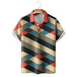 Multicolor Colorblock Plaid Print Casual Loose Short-Sleeved Polo Shirt