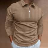 Grey Men's Waffle Solid Color Collar Patchwork Long Sleeve Zipper Shirt