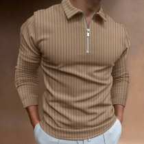 Khaki Men's Waffle Solid Color Collar Patchwork Long Sleeve Zipper Shirt