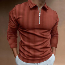 Коричневая мужская вафельная однотонная рубашка с воротником в стиле пэчворк и длинным рукавом на молнии