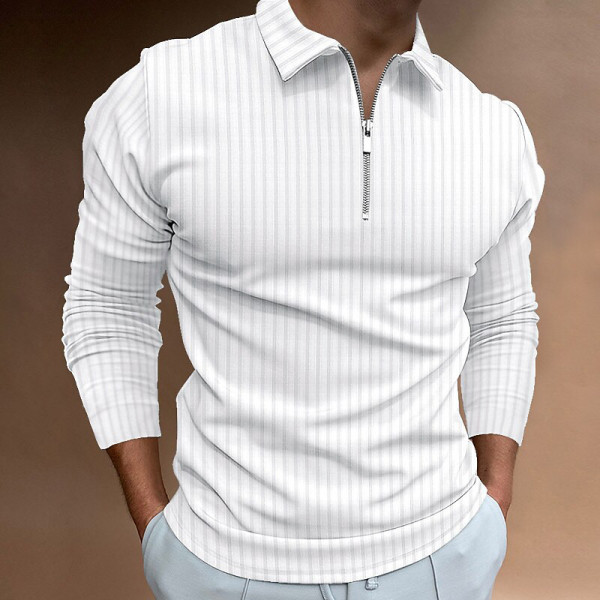 Camisa masculina branca Waffle cor sólida gola patchwork manga longa com zíper