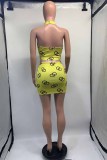 Yellow Sexy Print Backless Halter Sleeveless Two Pieces