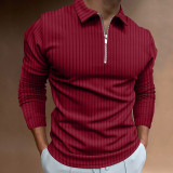 Red Men's Waffle Solid Color Collar Patchwork Long Sleeve Zipper Shirt