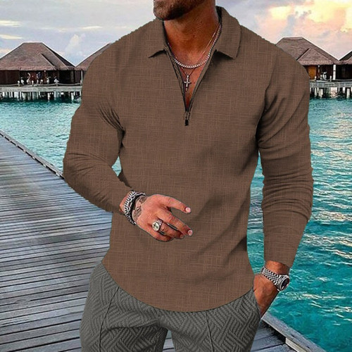 Camisa masculina marrom com estampa 3D xadrez meio zíper manga longa golfe