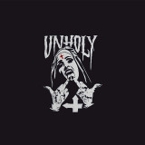 Black UNHOLY Nun with Crucifix on Forehead Graphic Casual Black Print T-shirt