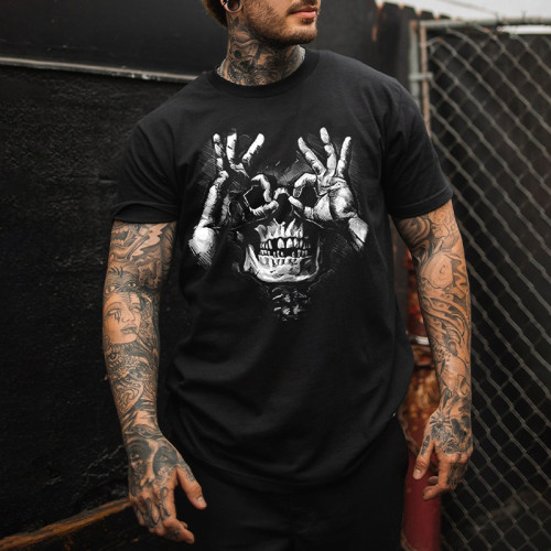 Black Skull with OK Pattern Graphic Casual Black Print T-shirt