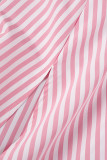 ピンク カジュアル ストライプ プリント くり抜き バックレス スリット 斜め襟 ロング ドレス ドレス