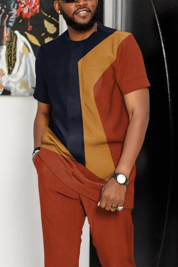 Black Orange Men's Casual Colorblock Walking Suit-037