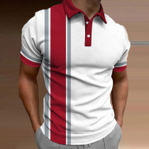 White Red Turndown Collar Colorblock Stripes Daily Polo Shirt Golf Shirt