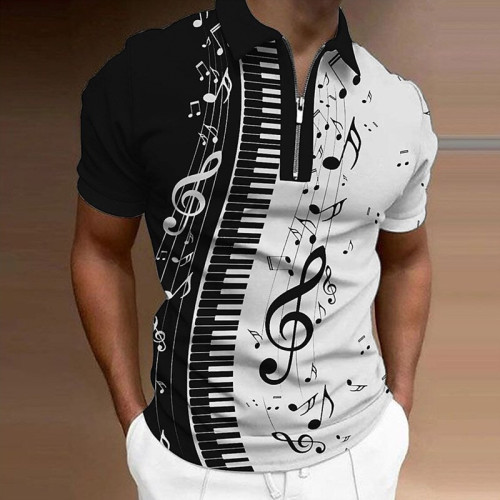 Black White Men's Fashion Graphic Notes Turndown 3D Print Short Sleeve Zipper Shirt