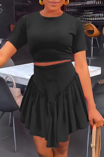 Black Casual Solid Basic O Neck Short Sleeve Two Pieces