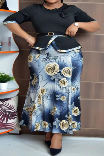 Black Casual Work Elegant Floral Patchwork Slit Contrast O Neck Wrapped Skirt Plus Size Two Pieces(With Belt)