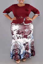 Vinröd Casual Work Elegant blommigt lapptäcke slits kontrast O-hals omlott kjol Plus storlek två delar (med bälte)