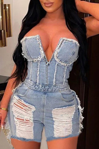 Blue Sexy Casual Street Solid  Pocket Backless Strapless Sleeveless Regular Distressed Jumpsuits Ripped Denim Jumpsuits
