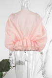 Tops con cuello en O transparentes sólidos informales de color rosa